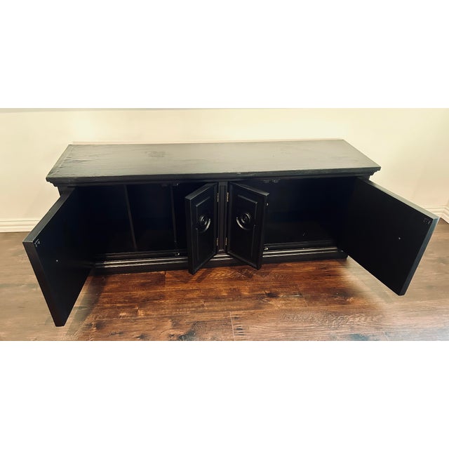 1970s Vintage Black Oak Wood Sideboard Buffet, 6-Door Raised Panel Freestanding Cabinet For Sale - Image 5 of 8