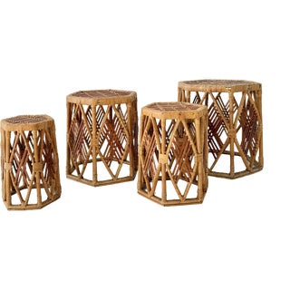 Hexagonal Rattan Stools in Geometric, Woven Lattice Design, 1970s, Set of 4 For Sale
