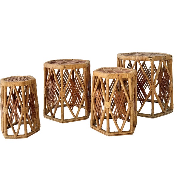 Hexagonal Rattan Stools in Geometric, Woven Lattice Design, 1970s, Set of 4 For Sale