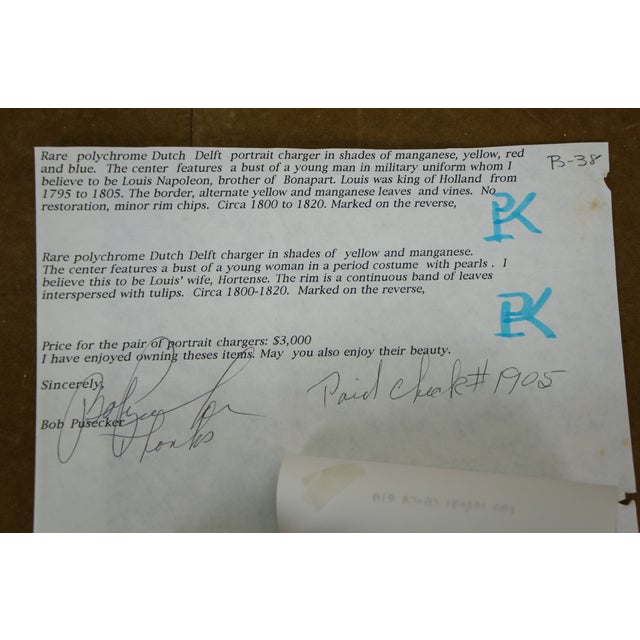 Early 19th Century Antique Dutch Delft Manganese Polychrome King Queen of Netherlands Chargers - a Pair For Sale - Image 5 of 15