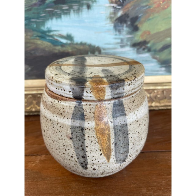 Signed 1978 Studio Pottery Jar by Alice - Hand-Thrown Speckled Stoneware With Painted Lid and Cobalt Glazed Interior. For Sale In Seattle - Image 6 of 10