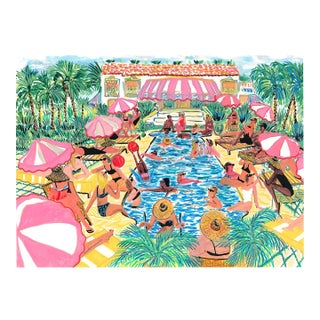 Poolside Vacation With Pink Parasols Original Figurative Watercolor by Pauline De Roussy De Sales For Sale