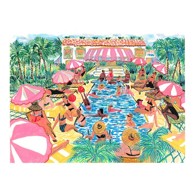 Poolside Vacation With Pink Parasols Original Figurative Watercolor by Pauline De Roussy De Sales For Sale