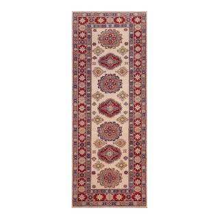 Bohemian Kazak Wade Gray/Beige Wool Runner Rug- 2'10''x8'0'' For Sale