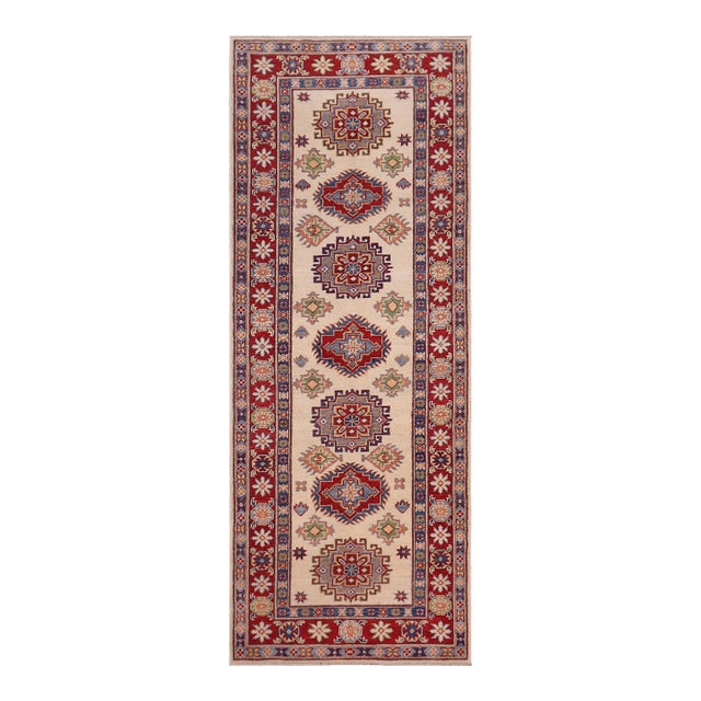 Bohemian Kazak Wade Gray/Beige Wool Runner Rug- 2'10''x8'0'' For Sale