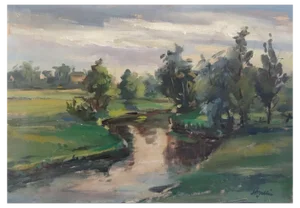 Harijs Veldre, Landscape with a River, 1947, Oil on Cardboard