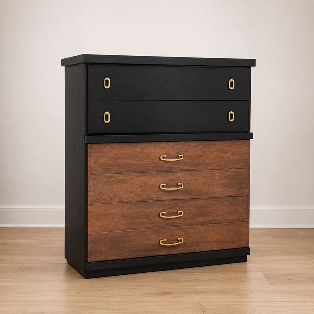 Vintage Bassett Tallboy Chest | Custom Restored Ebony & Walnut Finish A beautifully restored vintage Bassett Furniture...