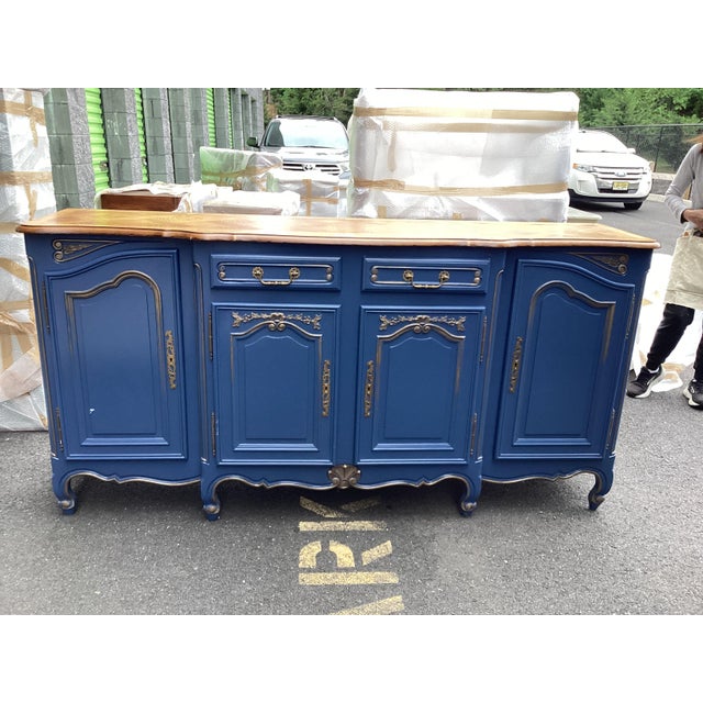 French Blue Painted Credenza W/Gold Accents For Sale - Image 4 of 16