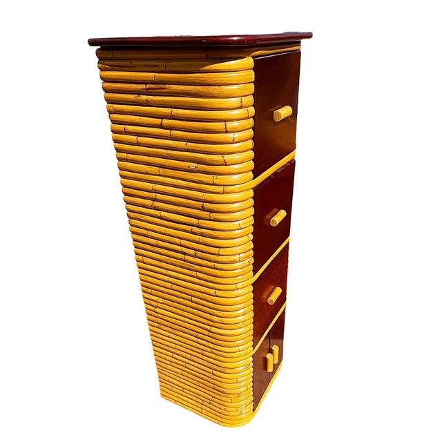 1930s 1930s Restored Paul Frankl Style Stacked Rattan & Mahogany Petite Chest of 7 Drawers For Sale - Image 5 of 7