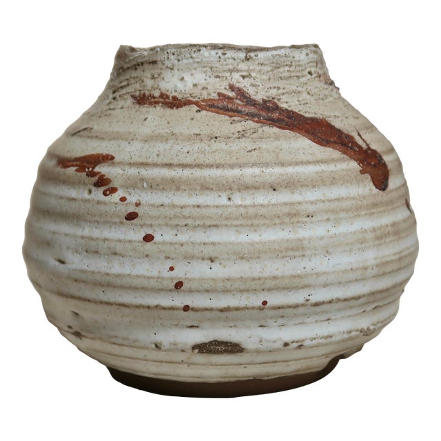 Weighted Hand-Thrown Natural Ash Studio Pottery Vessel With Ribbed Form and Splattered Rust Glaze Accents For Sale