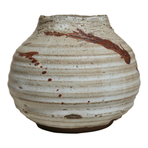 Weighted Hand-Thrown Natural Ash Studio Pottery Vessel With Ribbed Form and Splattered Rust Glaze Accents