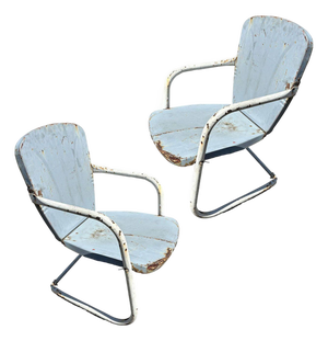 1950s Shabby Chic Steel Flat Iron Springer Patio Outdoor Lounge Chair, Pair
