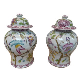 Pair of Altfield Hong Kong Hand-Painted Chinoiserie Porcelain Ginger Jars, 18” For Sale
