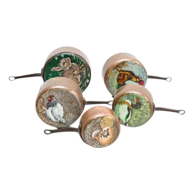 Vintage Hand Painted Rustic Brass Pots, 1960, Set of 5 For Sale