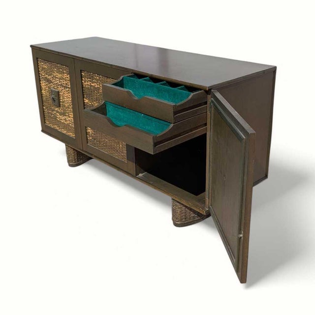 1960s Vintage Rattan and Bamboo Door Sideboard Cabinet, Mid-Century For Sale - Image 5 of 18