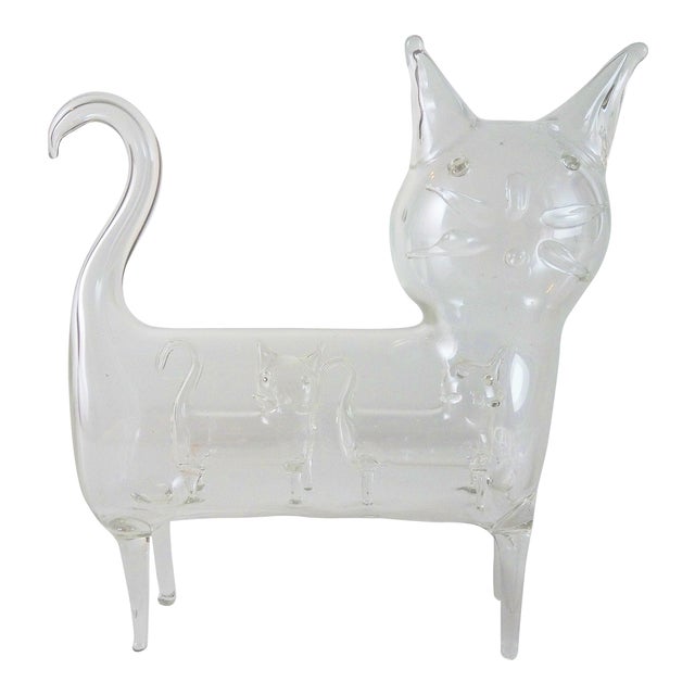 Figurative Hand Crafted Blown Glass Cat With Kittens