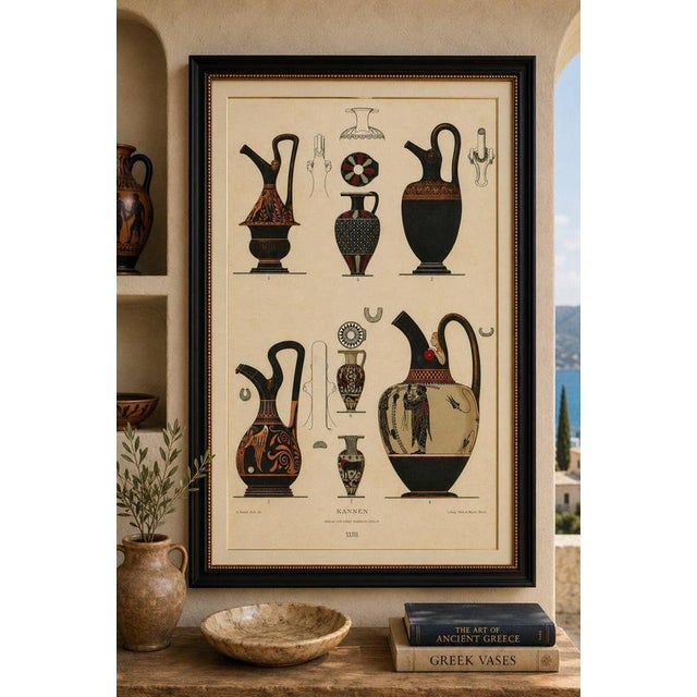 Antique Greek Jugs with Classical & Winged Figures Lithograph, 1883 Original antique color lithograph depicting a...