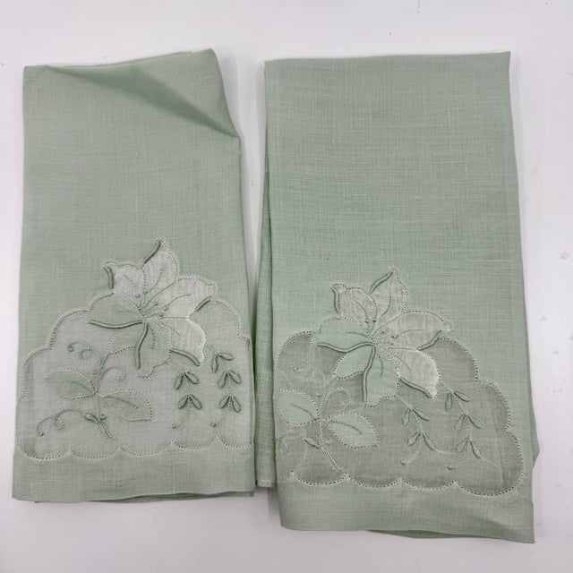 Pair Vintage Pale Pistachio Madeira Linen & Organza Fingertip Towels For Sale - Image 16 of 17