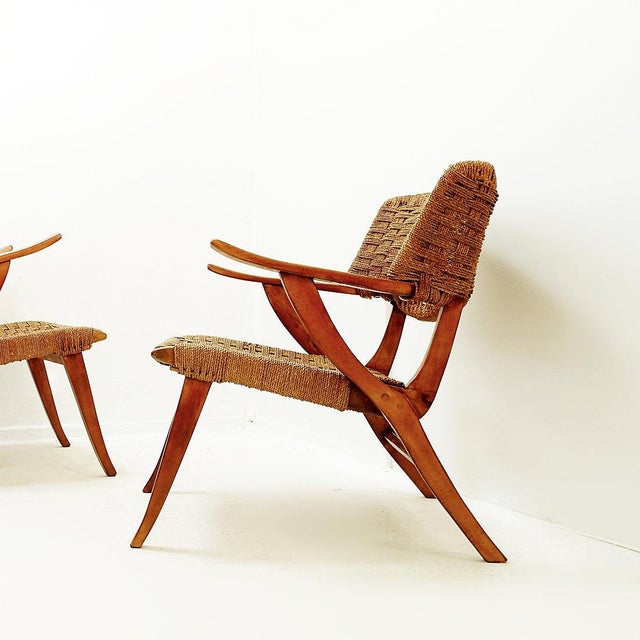 Mid-Century Modern Rope and Wood Armchairs, 1950s, Set of 2 For Sale - Image 3 of 16
