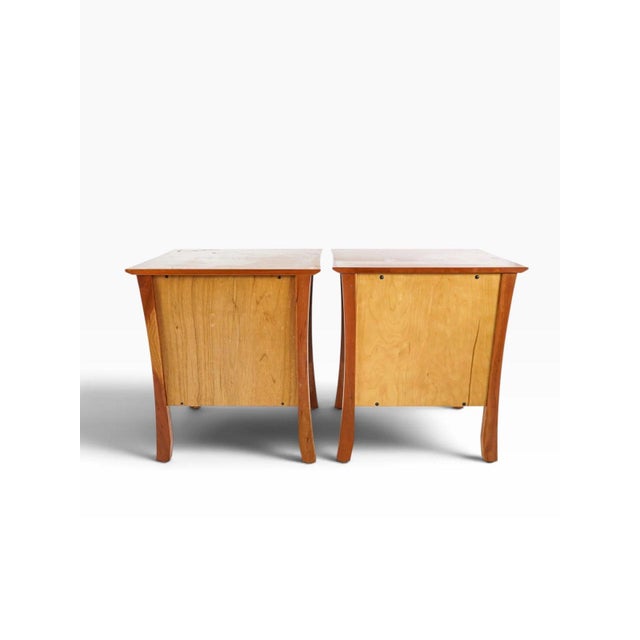 Late 20th Century Late 20th Century Pair of Solid Cherry Three-Drawer Bedside Tables | Thor's Elegance, Made in Vermont | Flared Legs & Arched Apron For Sale - Image 5 of 5