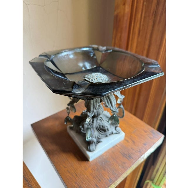 1950s Hollywood Regency Pedestal Centerpiece Bowl, Smoky Glass Ashtray With Marble Base For Sale - Image 14 of 15