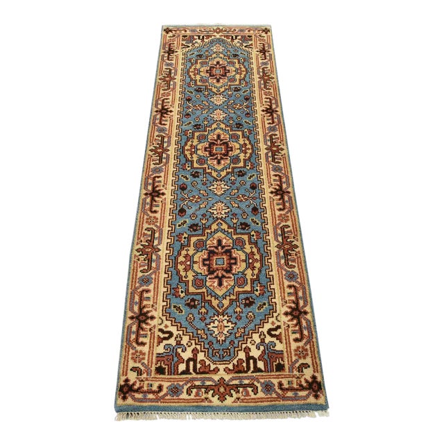 Heriz Runner 2’6” X 7’11” Blue Wool Tribal Hand-Knotted Oriental Rug For Sale