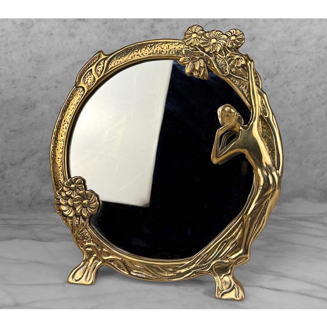 Vintage Art Nouveau Brass Women Round Vanity Table Mirror For Sale - Image 4 of 7