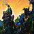 This artwork presents a vibrant, otherworldly landscape awash with dynamic colors and abstract forms. the composition...