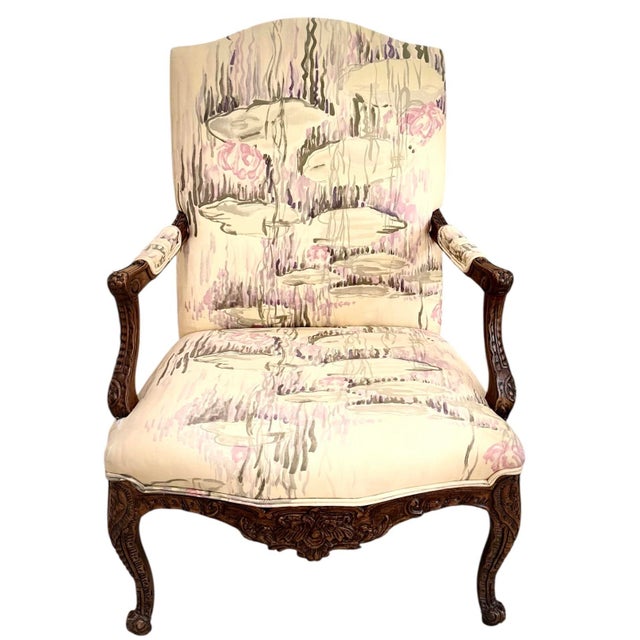 Wood Late 20th Century Pair of French Louis XV Style Carved Accent Chairs Pastel Watercolor Print For Sale - Image 7 of 10
