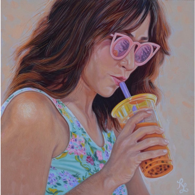 Sip by Rachel Linnemeier | Oil on wood Painting of a woman drinking a beverage with sunglasses. For Sale