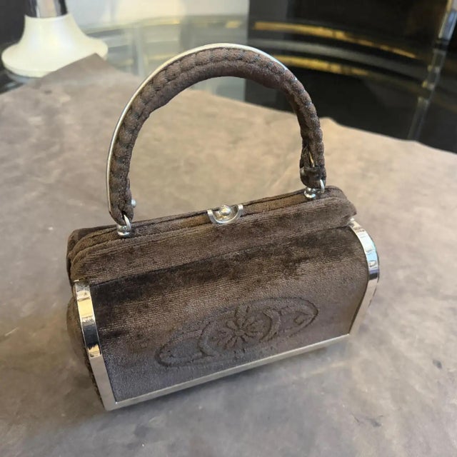 1970s High Quality Brown Cut Velvet and Silver Plated Metal Italian Evening Bag For Sale - Image 12 of 13