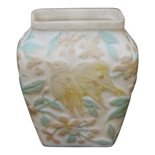 Consolidated Phoenix Glass Pink Lovebirds on Cream Background Vase Mid Century For Sale