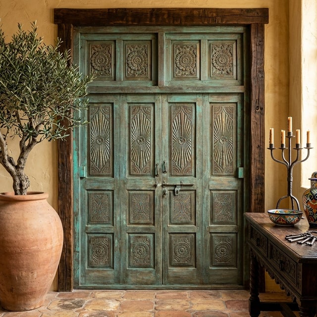 Mid-Century Modern Antique Green Carved Door Teak Wood Double Door Hinged Garden Door 98x69 For Sale - Image 3 of 5