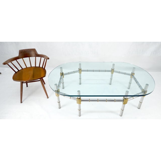 Brass & Chrome Faux Bamboo Base 3/4" Thick Oval Glass Top Coffee Table For Sale - Image 9 of 12