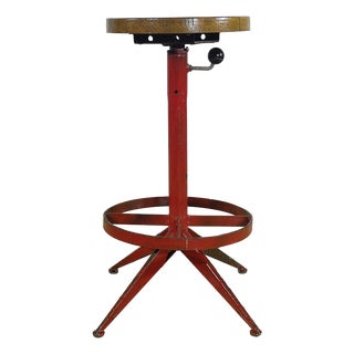 Industrial Swivel Stool in Red Painted Metal and Wood Seat, 1950s For Sale