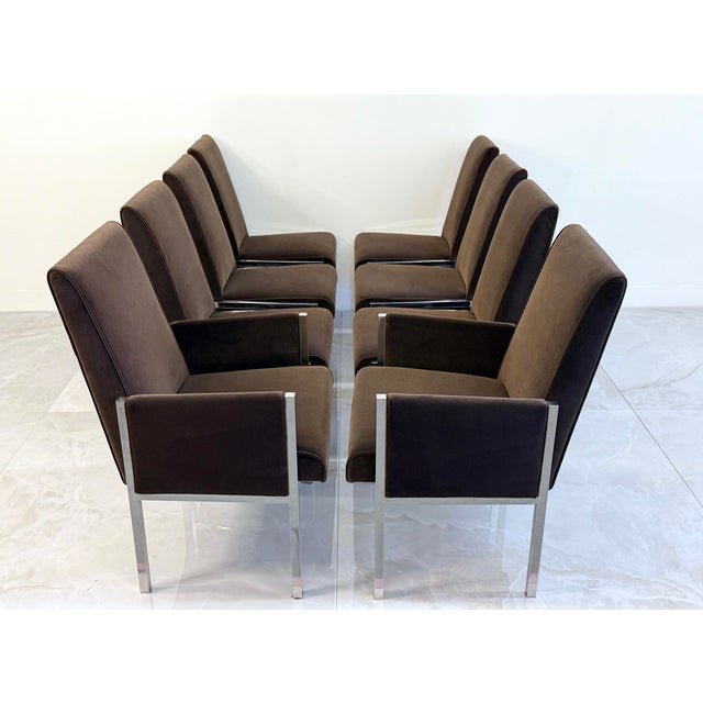 Mid-Century Modern Leon Rosen Chrome Dining Chairs, Set of 8, Rohleder Chocolate Velvet, 1970's For Sale - Image 3 of 7