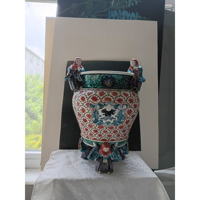 Antique Asian Porcelain Centerpiece Bowl With 5 Sculpted Figurine Handles & Feet For Sale - Image 14 of 16