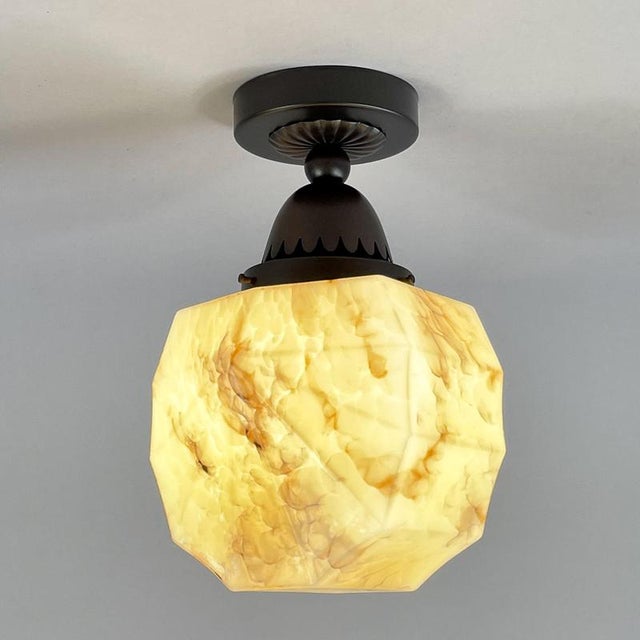 Metal Art Deco Marbled Opaline Glass and Burnished Brass Flush Mount, Germany, 1920s For Sale - Image 7 of 18