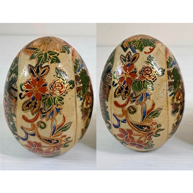 Vintage Pair Chinese Satsuma‑Style Hand‑Painted Porcelain Eggs 5" For Sale - Image 4 of 10