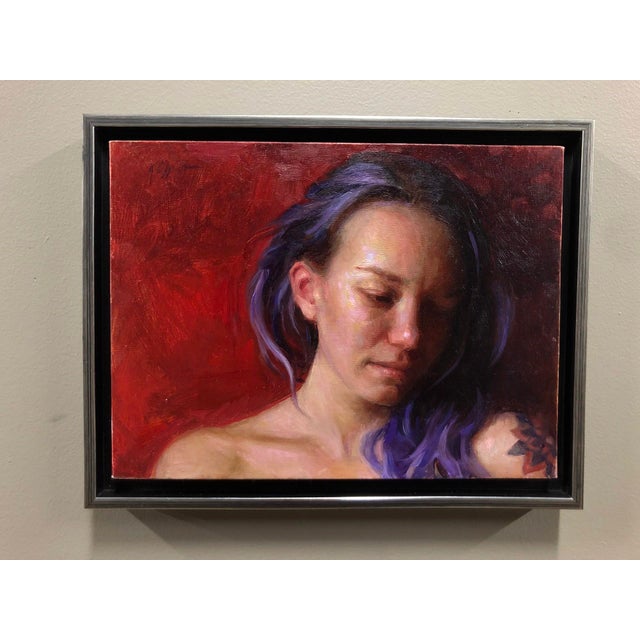 Karen Offutt Study of Erin by Karen Offutt | Oil on panel portrait of a woman with purple hair For Sale - Image 4 of 4