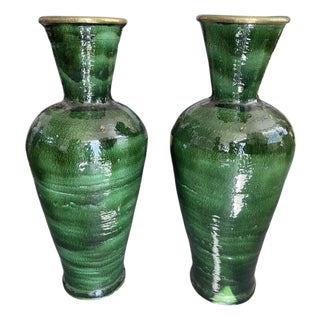 Pair of Massive 38" Hand-Glazed Emerald Green Moroccan Terracotta Vases For Sale