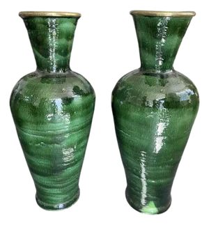 Pair of Massive 38" Hand-Glazed Emerald Green Moroccan Terracotta Vases