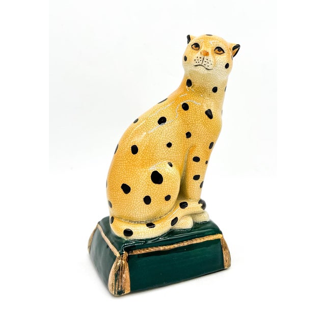 Ceramic Vintage Staffordshire Style Crackle Glazed Ceramic Cheetah on Green Pillow – Hollywood Regency / Safari Chic For Sale - Image 7 of 9