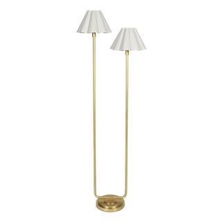 Polly Double Arm FloorLamp, Natural Brass with Linen Scalloped Shade For Sale
