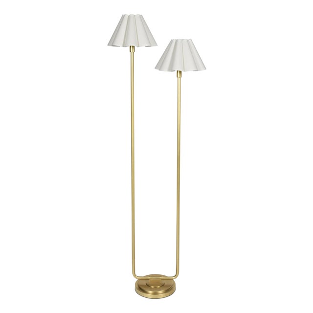 Regina Andrew Polly Double Arm FloorLamp, Natural Brass with Linen Scalloped Shade For Sale