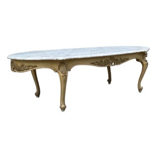 Vintage French Louis XV Style Marble-Top Coffee Table With Carved Floral Apron and Cabriole Legs For Sale