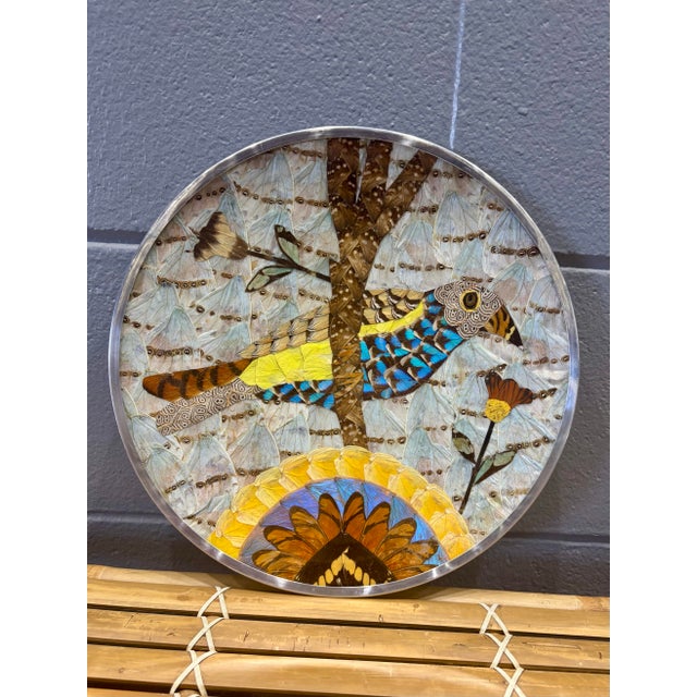 Vintage Brazilian Butterfly Wing Bird Tray Wall Art, Round Lucite and Steel For Sale - Image 4 of 5