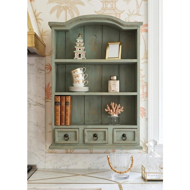 Vintage Rustic French Country Pale Green 3 Drawer Arched Distressed Wall Cabinet Shelving Unit For Sale - Image 12 of 13