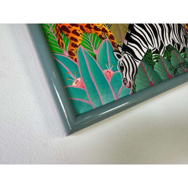 1987 H. Fils Aimond Haitian Folk Art Jungle Landscape With Zebra & Giraffes – Sold For Sale In Miami - Image 6 of 8