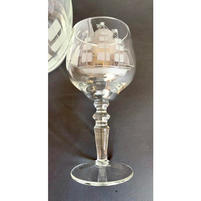 Vintage Etched Ship Schooner Decanter and Glasses Set of 6 For Sale - Image 11 of 13